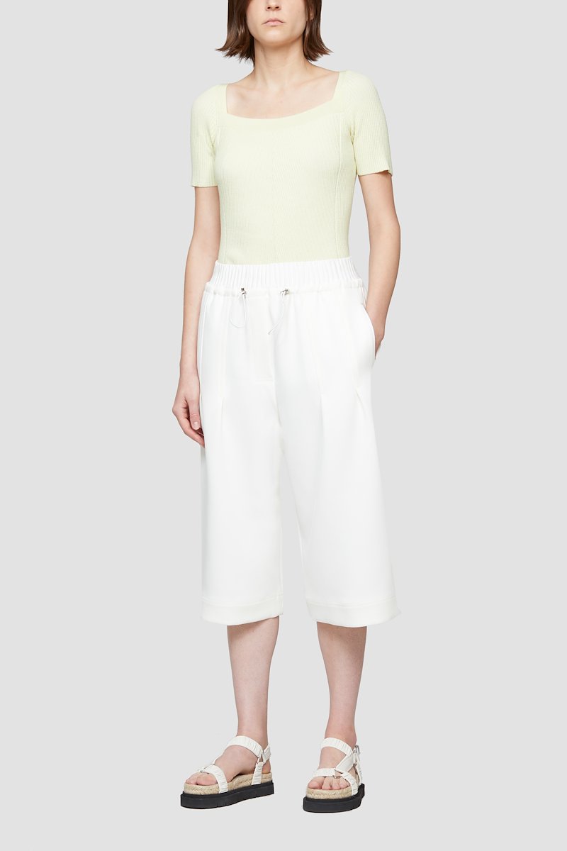 Open Neck Short Sleeve Ribbed Sweater-yellow #0 Open Neck Short Sleeve Ribbed Sweater, Banana-yellow stretch-wool blend square-neck ribbed-knit top from 3.1 PHILLIP LIM featuring fine ribbed, square neck, short sleeves and scallop hem.- 4