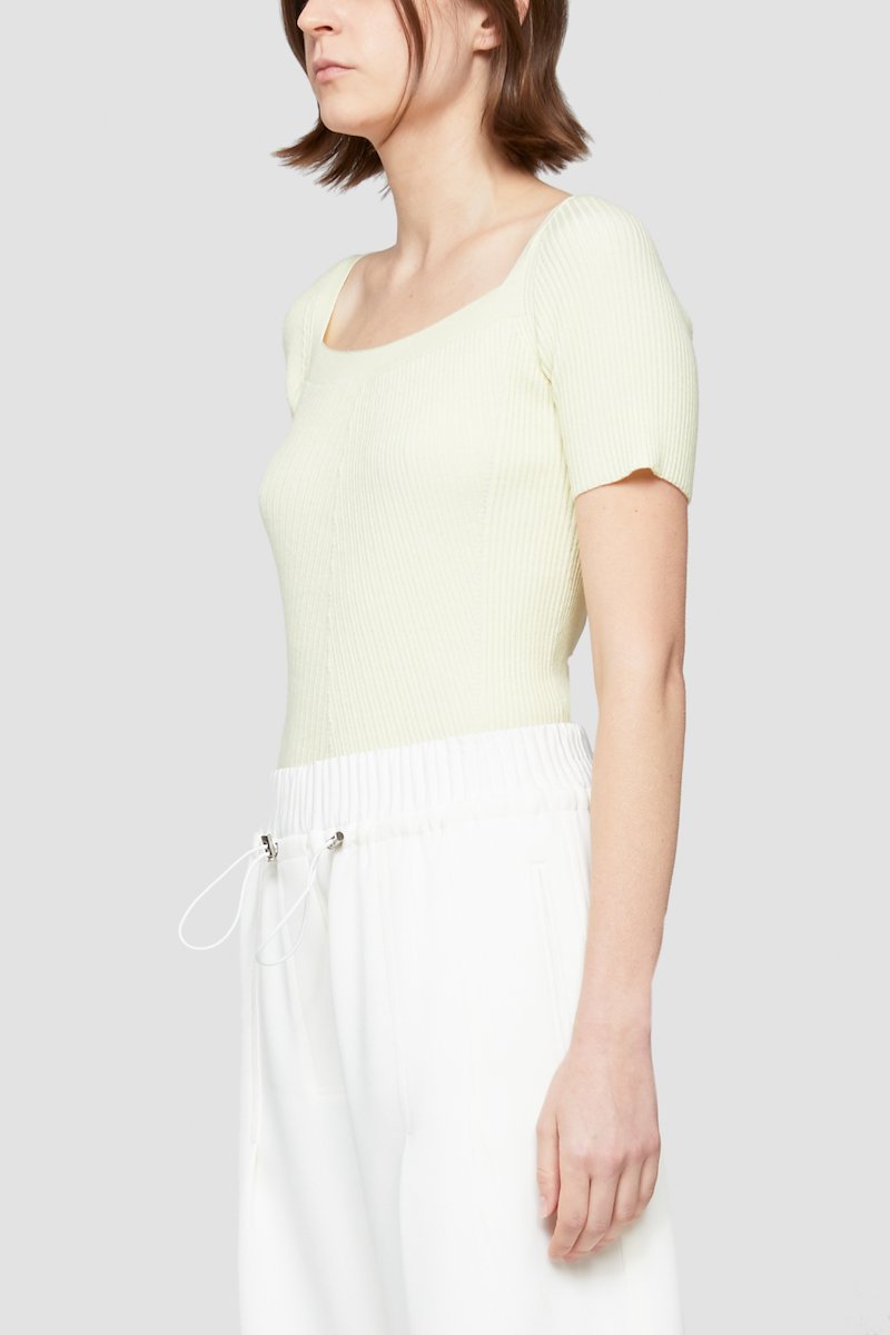 Open Neck Short Sleeve Ribbed Sweater-yellow #1 Open Neck Short Sleeve Ribbed Sweater, Banana-yellow stretch-wool blend square-neck ribbed-knit top from 3.1 PHILLIP LIM featuring fine ribbed, square neck, short sleeves and scallop hem.- 3