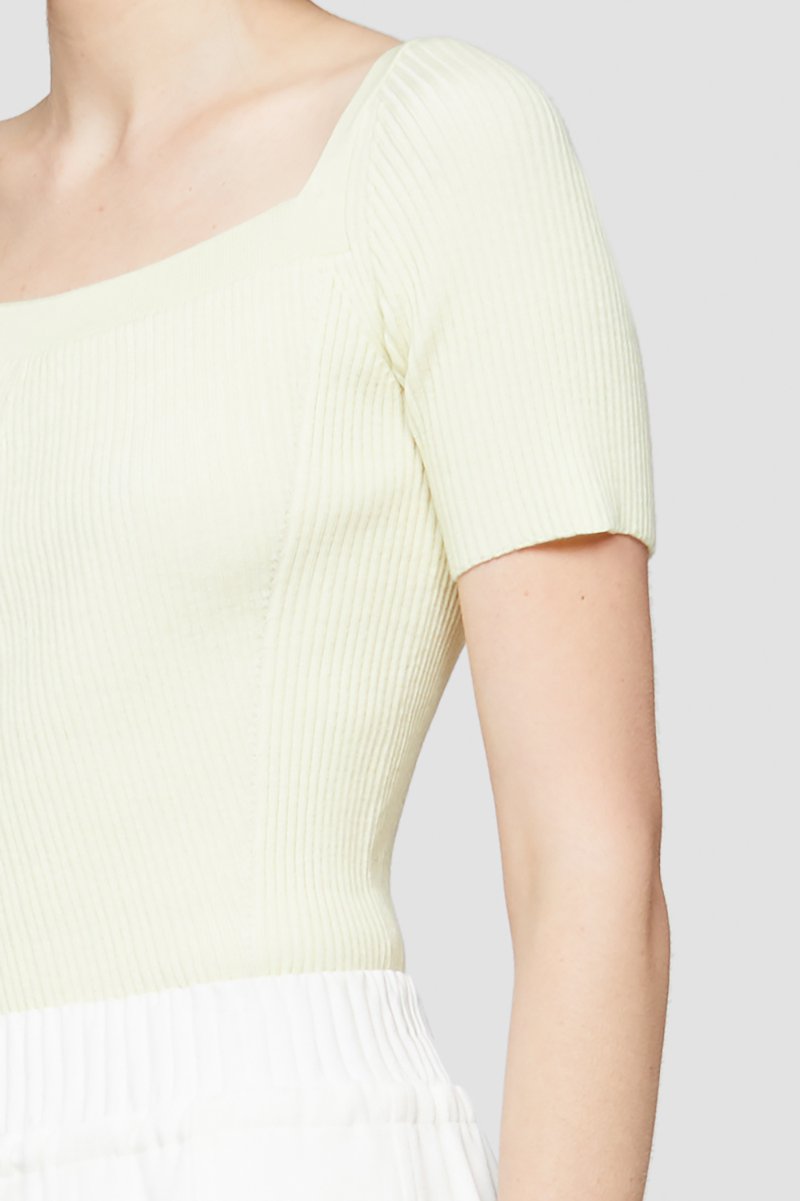Open Neck Short Sleeve Ribbed Sweater-yellow #1 Open Neck Short Sleeve Ribbed Sweater, Banana-yellow stretch-wool blend square-neck ribbed-knit top from 3.1 PHILLIP LIM featuring fine ribbed, square neck, short sleeves and scallop hem.- 5