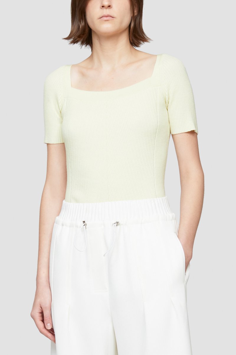 Open Neck Short Sleeve Ribbed Sweater-yellow #0 Open Neck Short Sleeve Ribbed Sweater, Banana-yellow stretch-wool blend square-neck ribbed-knit top from 3.1 PHILLIP LIM featuring fine ribbed, square neck, short sleeves and scallop hem.- 2