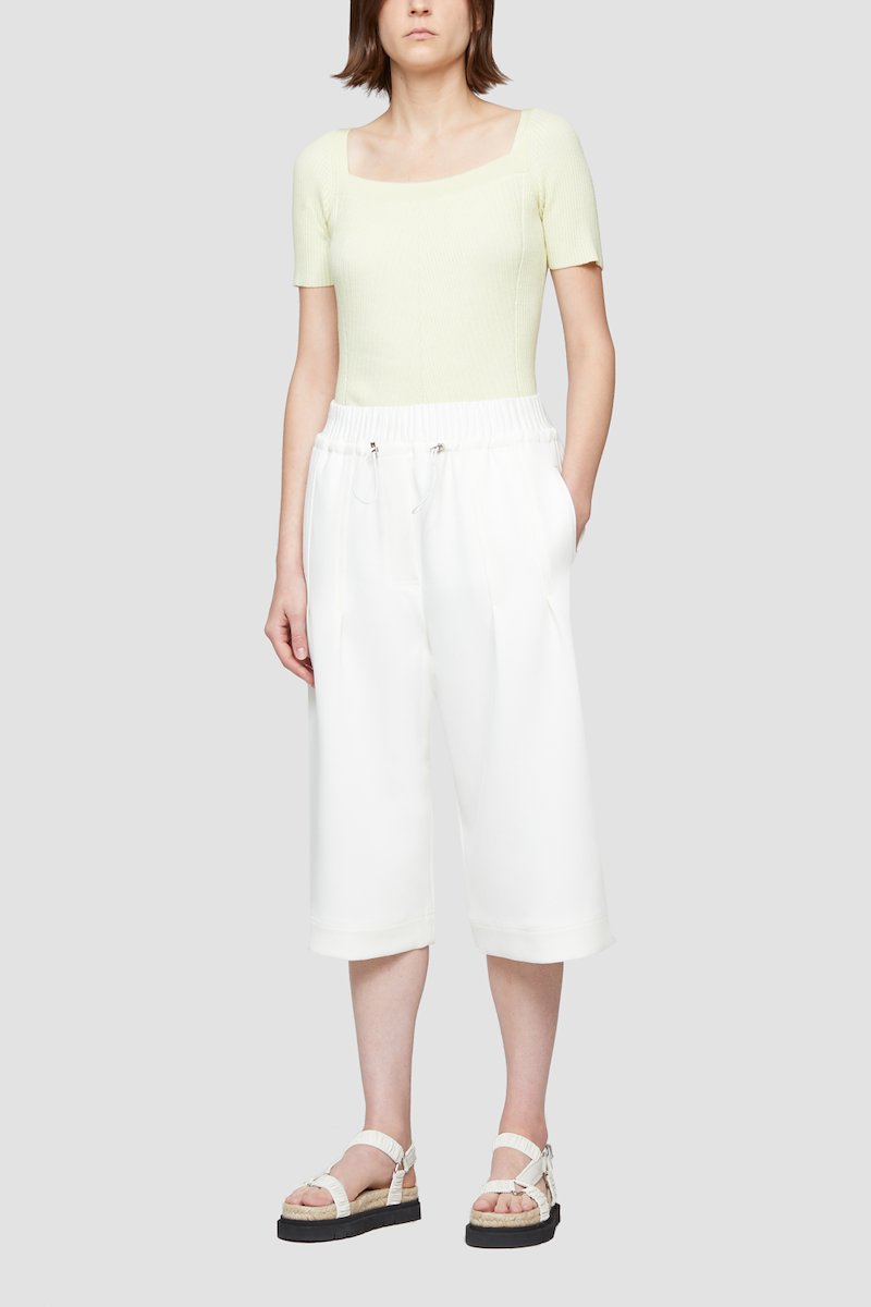 Open Neck Short Sleeve Ribbed Sweater-yellow #0 Open Neck Short Sleeve Ribbed Sweater, Banana-yellow stretch-wool blend square-neck ribbed-knit top from 3.1 PHILLIP LIM featuring fine ribbed, square neck, short sleeves and scallop hem.- 6