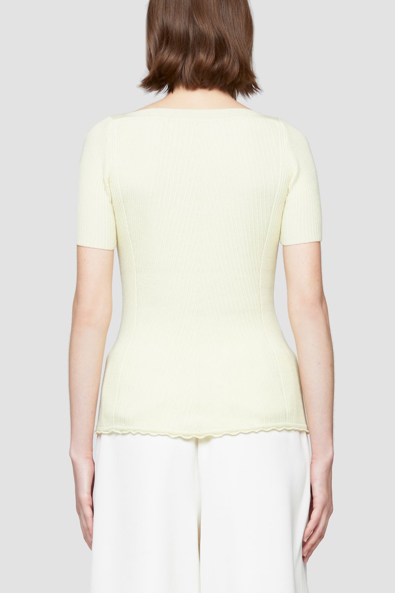 Open Neck Short Sleeve Ribbed Sweater-yellow #0 Open Neck Short Sleeve Ribbed Sweater, Banana-yellow stretch-wool blend square-neck ribbed-knit top from 3.1 PHILLIP LIM featuring fine ribbed, square neck, short sleeves and scallop hem.- 4