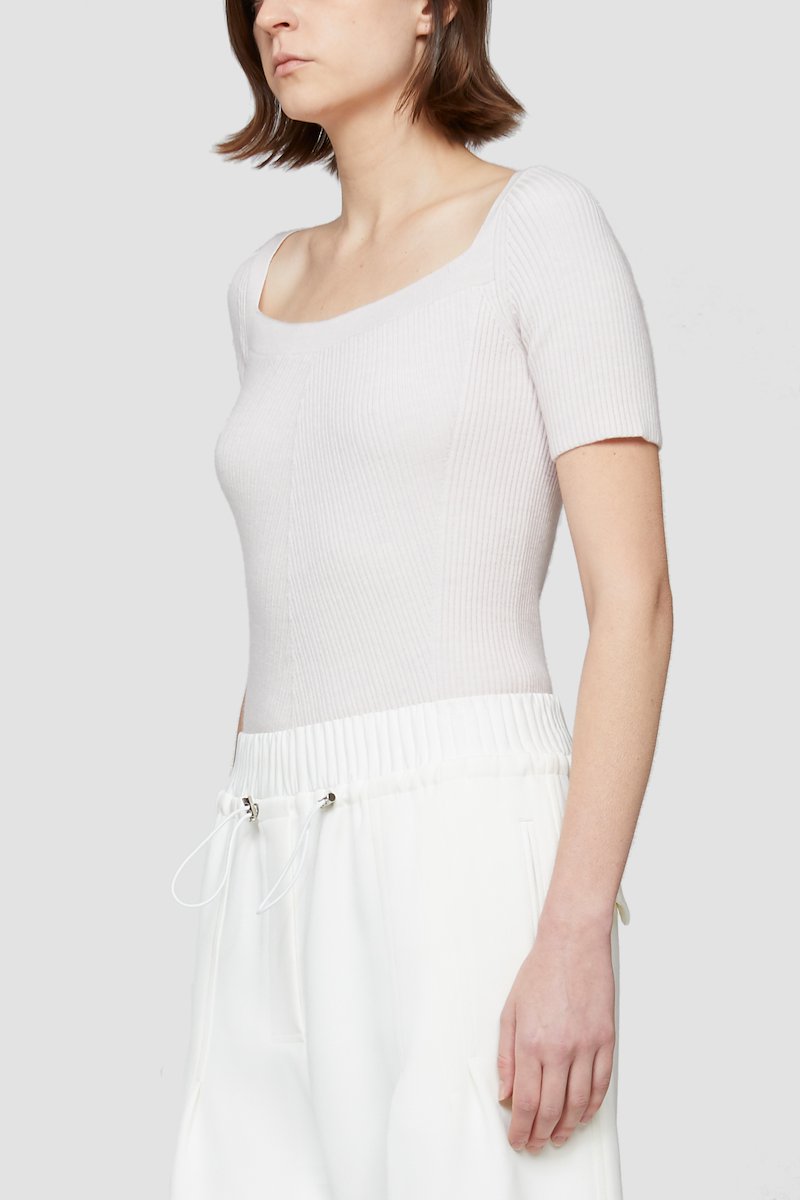 Open Neck Short Sleeve Ribbed Sweater-pink #1 Open Neck Short Sleeve Ribbed Sweater, Blush-pink stretch-wool blend square-neck ribbed-knit top from 3.1 PHILLIP LIM featuring ribbed knit, square neck, short sleeves and scallop hem.- 1