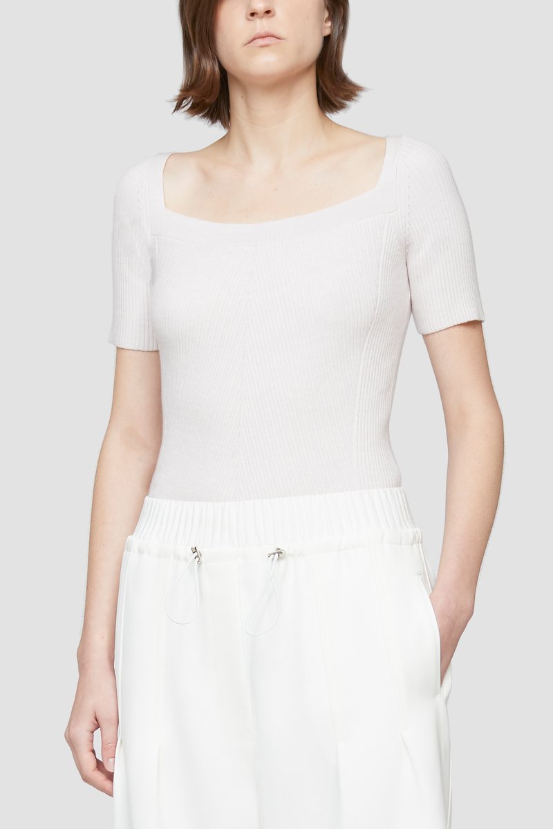 Open Neck Short Sleeve Ribbed Sweater-pink #0 Open Neck Short Sleeve Ribbed Sweater, Blush-pink stretch-wool blend square-neck ribbed-knit top from 3.1 PHILLIP LIM featuring ribbed knit, square neck, short sleeves and scallop hem.- 0