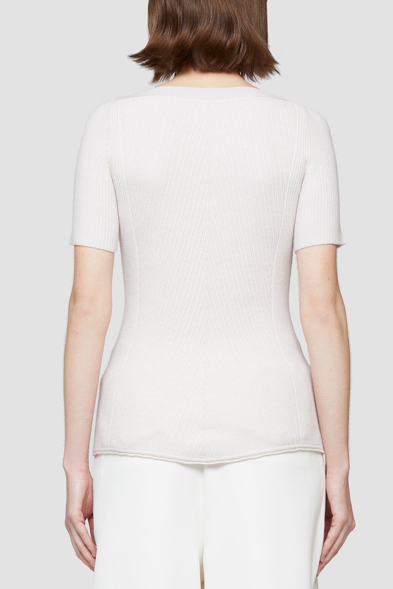 Open Neck Short Sleeve Ribbed Sweater-pink #0 Open Neck Short Sleeve Ribbed Sweater, Blush-pink stretch-wool blend square-neck ribbed-knit top from 3.1 PHILLIP LIM featuring ribbed knit, square neck, short sleeves and scallop hem.- 2