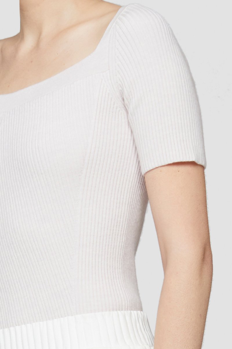 Open Neck Short Sleeve Ribbed Sweater-pink #1 Open Neck Short Sleeve Ribbed Sweater, Blush-pink stretch-wool blend square-neck ribbed-knit top from 3.1 PHILLIP LIM featuring ribbed knit, square neck, short sleeves and scallop hem.- 3