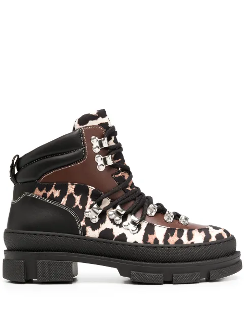 Click to view more detailed imagery on our partner's website Ganni Women's Leopard-print Mixed-media Hiking Boots In Black