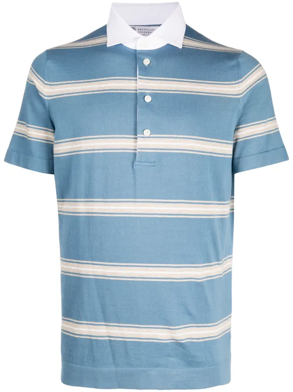 white and blue striped polo shirt