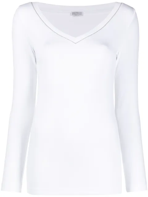 Brunello Cucinelli beaded neckline long-sleeve top