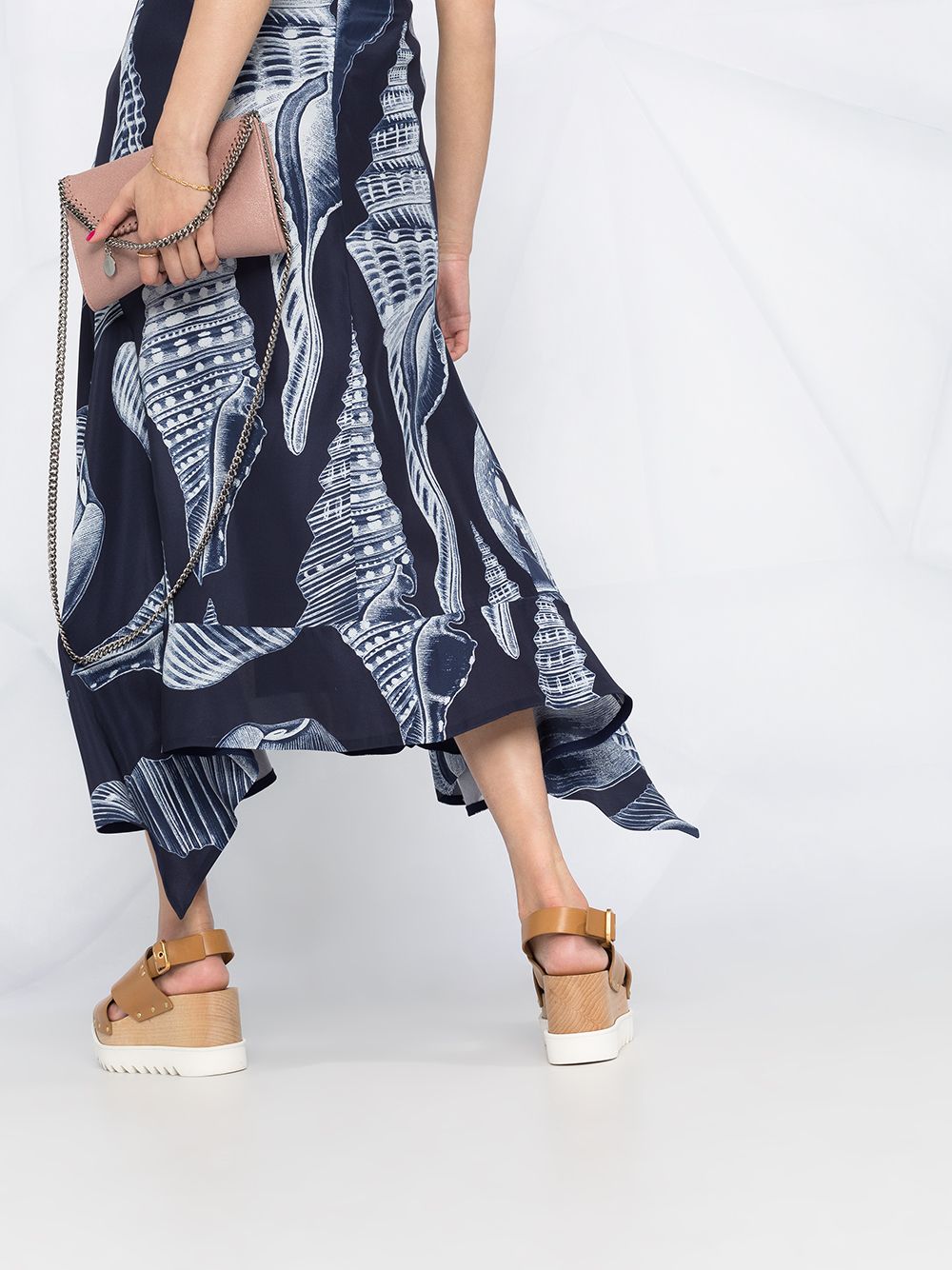Shop Stella Mccartney Shell-print Handkerchief-hem Skirt In Blue