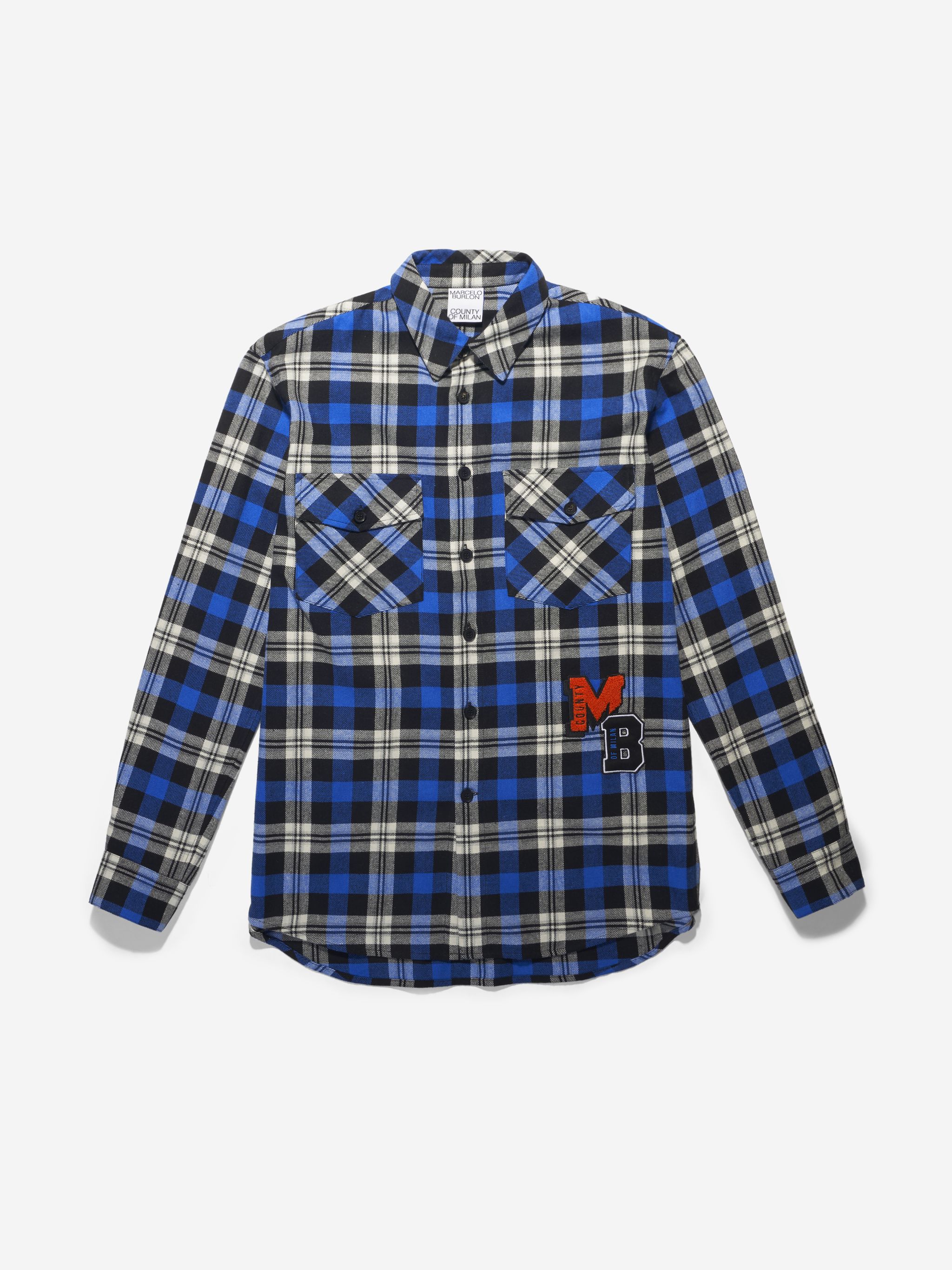 Black/blue cotton blend MB College check shirt from Marcelo Burlon County of Milan featuring logo patch to the front, plaid check pattern, classic collar, two chest patch pockets, long sleeves, buttoned cuffs and curved hem.