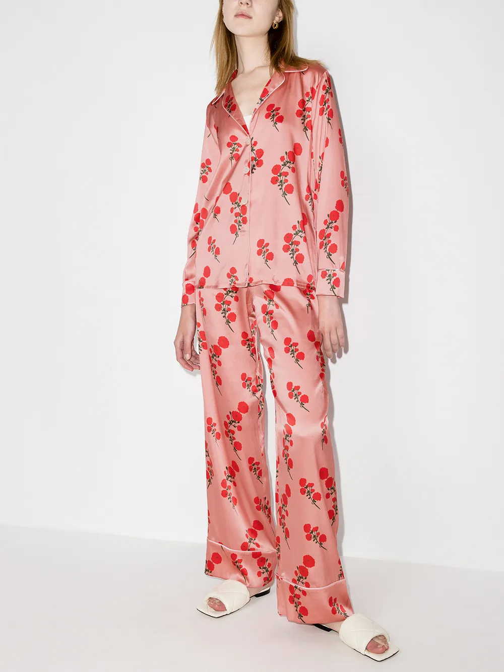 Bernadette Piped Floral-print Silk-blend Satin Pajama Set In Pink