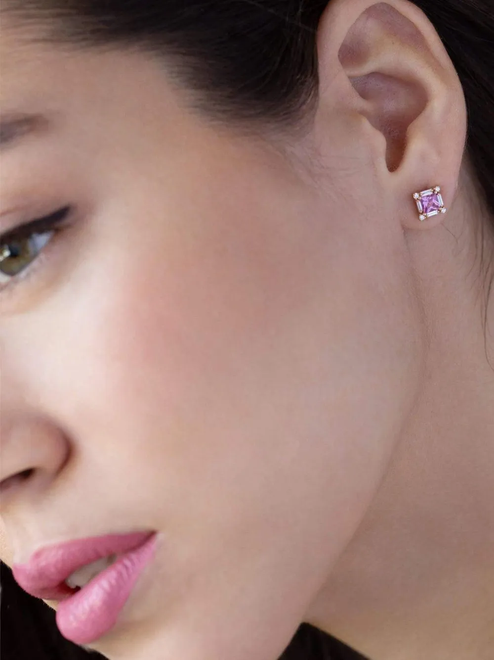 Suzanne Kalan 18k Rose Gold Square-shape Diamond And Sapphire Stud Earrings In Pink