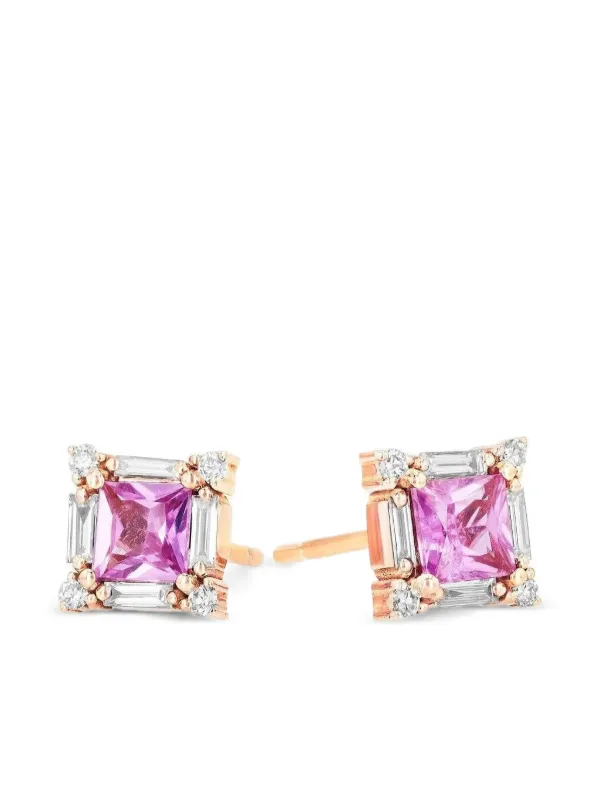Suzanne Kalan 18k Rose Gold Square-shape Diamond and Sapphire Stud Earrings in Pink