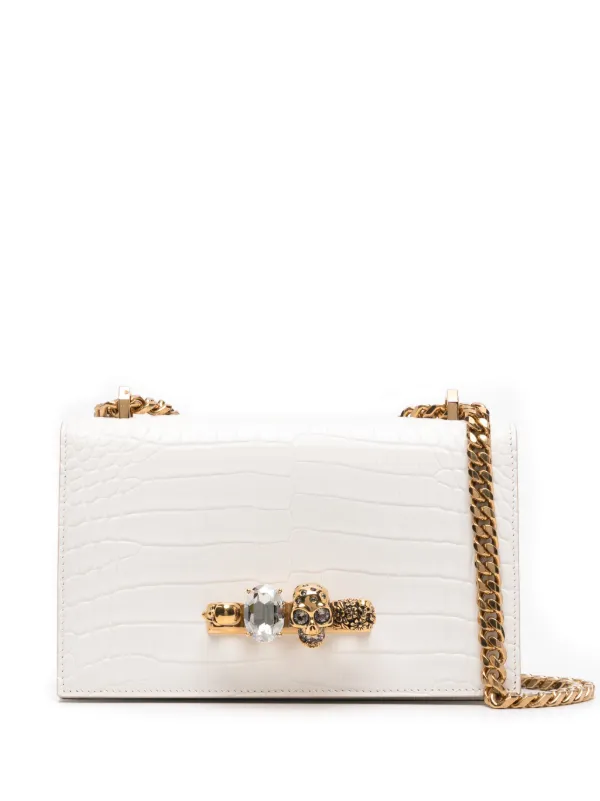 Alexander McQueen Jewelled Embossed Shoulder Bag White