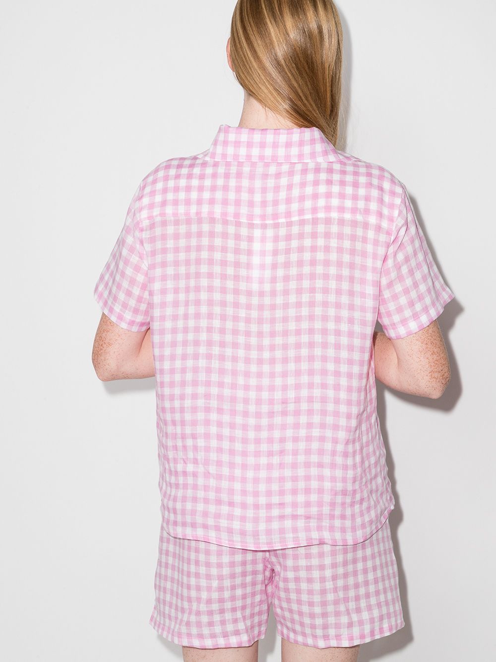 Shop Frankies Bikinis Lou Gingham Pajama Shirt In Pink