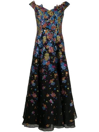Marchesa Notte floral-embroidery V-neck Dress - Farfetch