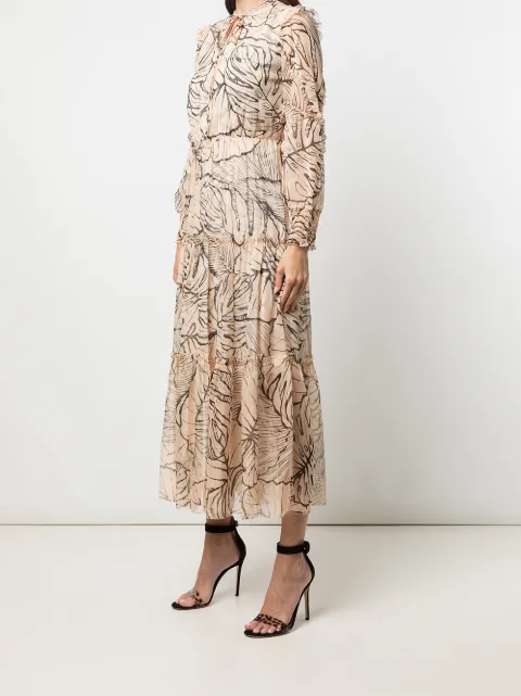 Marchesa Notte pink & black ruffle-trim leaf-print dress for women Marchesa Notte pink & black ruffle-trim leaf-print dress for women