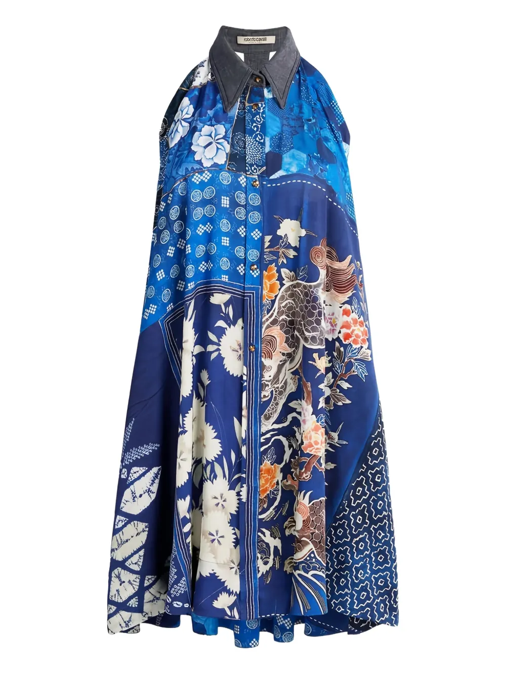 Roberto Cavalli Patchwork-print Sleeveless Mini Dress In Blue