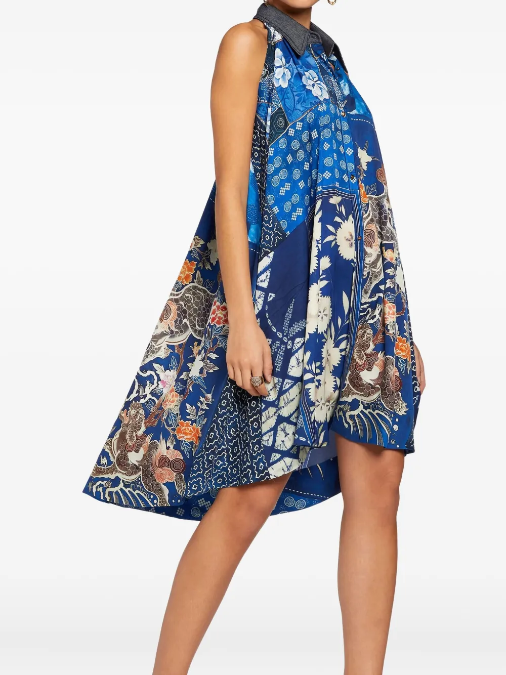 Roberto Cavalli Patchwork-print Sleeveless Mini Dress In Blue