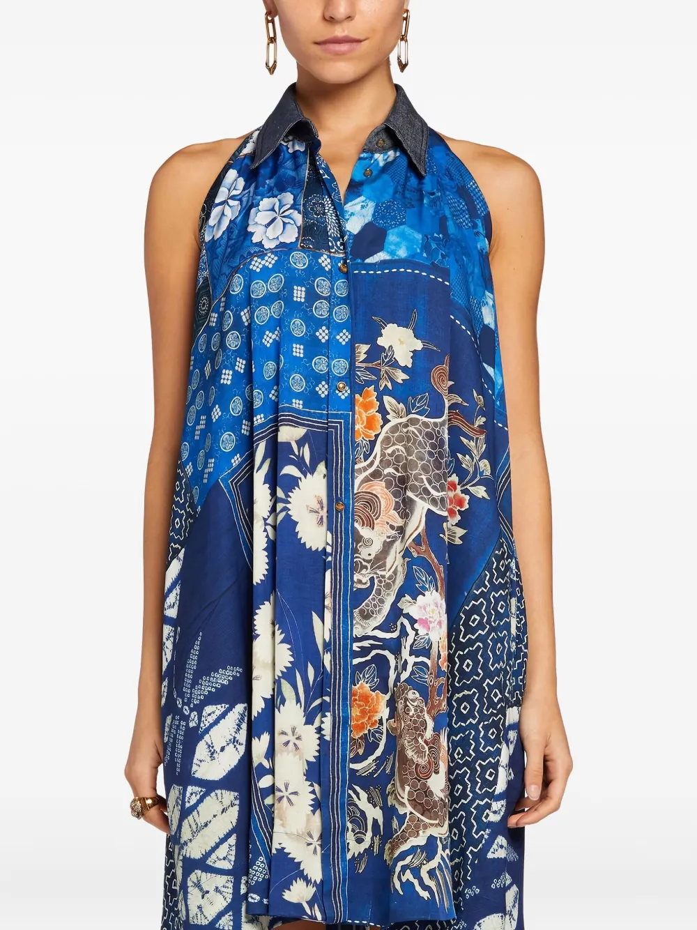 Roberto Cavalli Patchwork-print Sleeveless Mini Dress In Blue