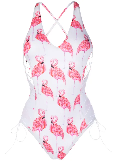 Noire Swimwear Flamingo print lace-up one-piece 