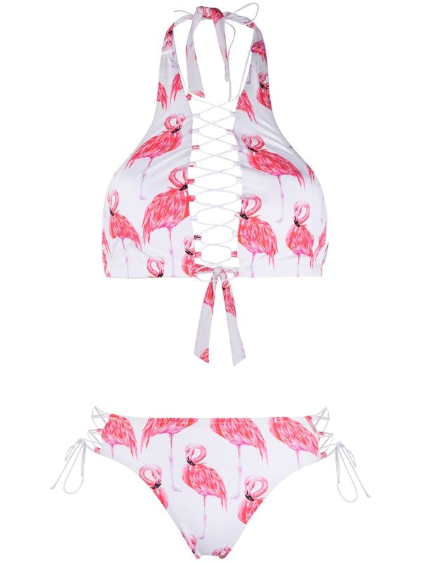 Booth Darmen Pebish Noire Swimwear Addicted Flamingo lace-up Bikini - Farfetch