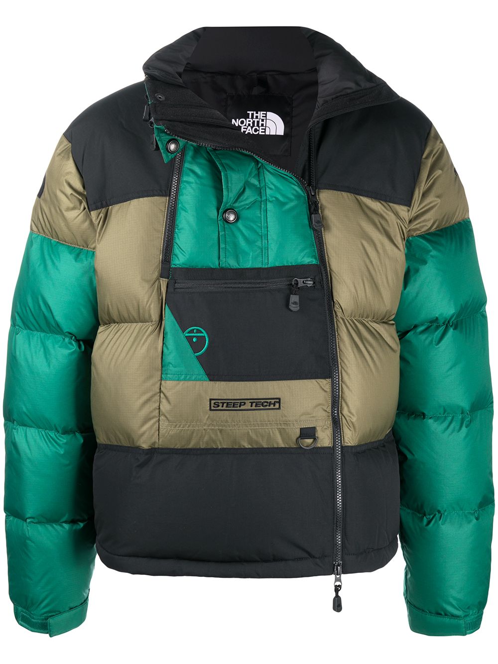 фото The north face пуховик в стиле колор-блок с капюшоном