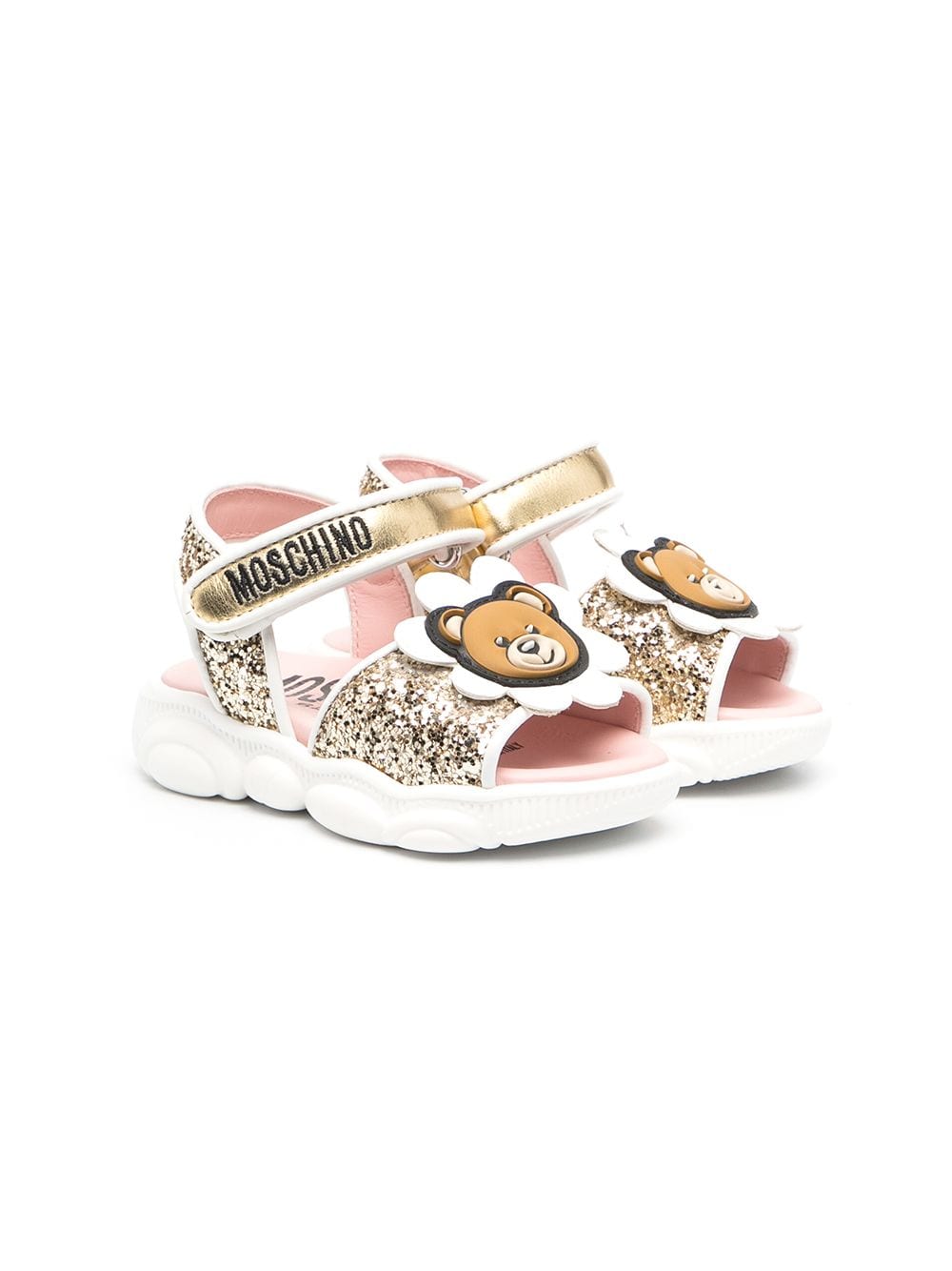 Shop Moschino Teddy Bear-patch Glittered Sandals In Gold