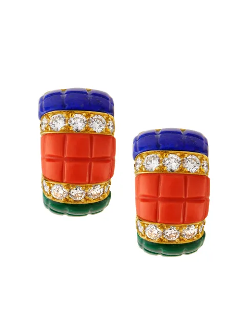 Van Cleef & Arpels Pre-Owned 1961 18kt yellow gold lapis lazuli, coral, diamond and malachite ear clips