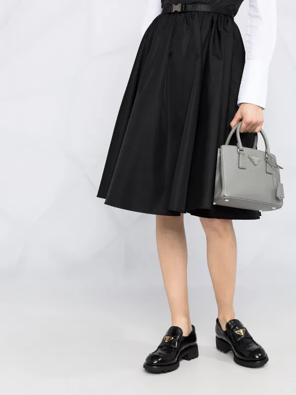 Prada Belted Logo Plaque Flared Dress | Black | FARFETCH