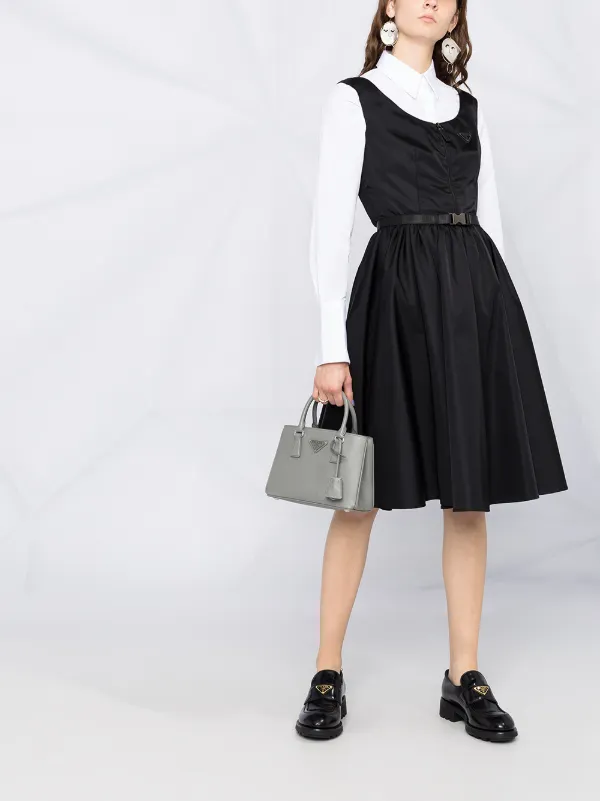 Prada Belted Logo Plaque Flared Dress | Black | FARFETCH