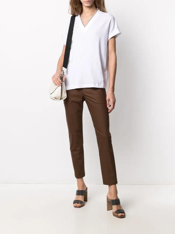 Brunello Cucinelli Silvery Trim V-neck T-shirt | White
