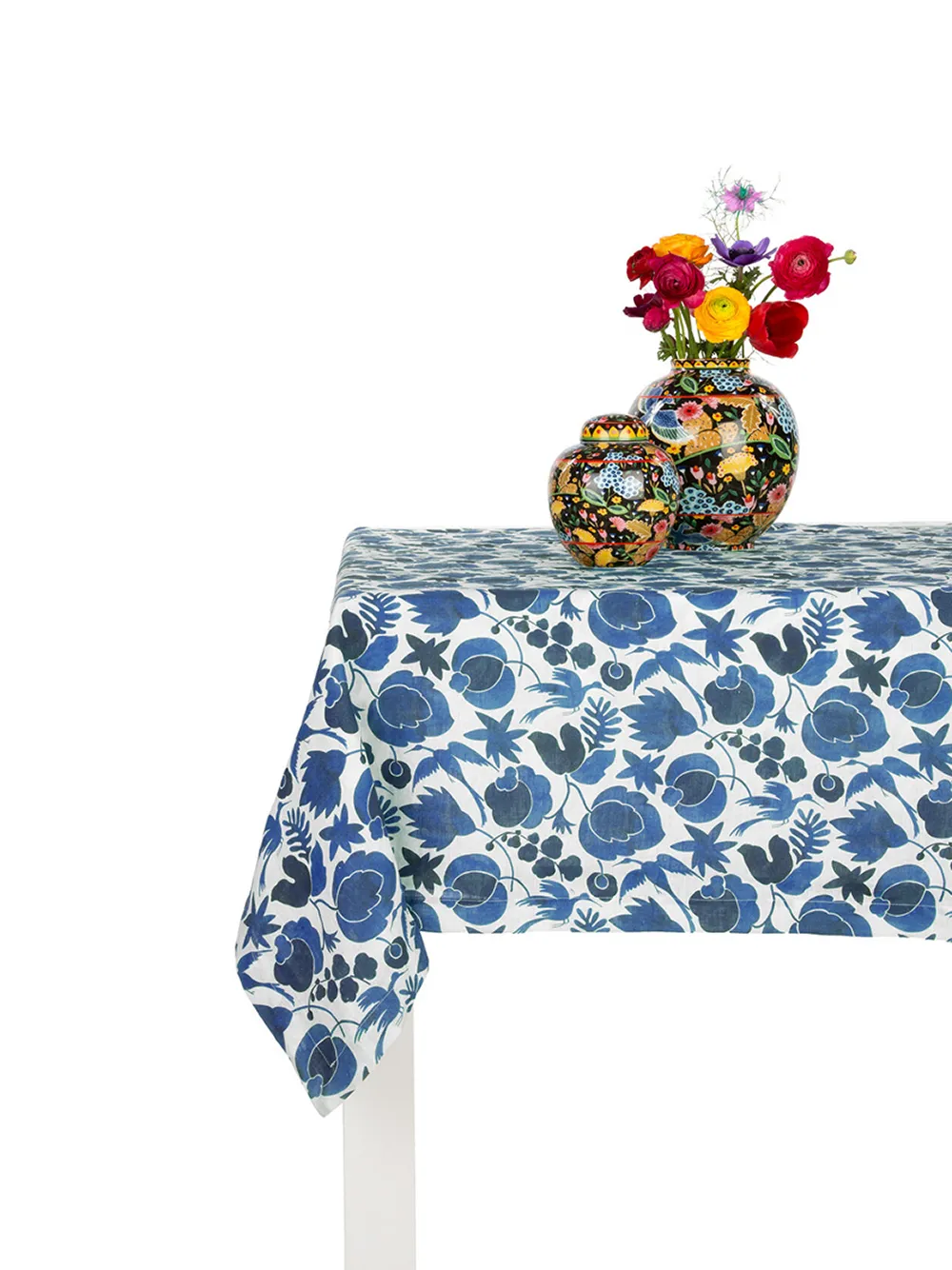  La Doublej Leinentischdecke Mit Blumen Print   Weiß 