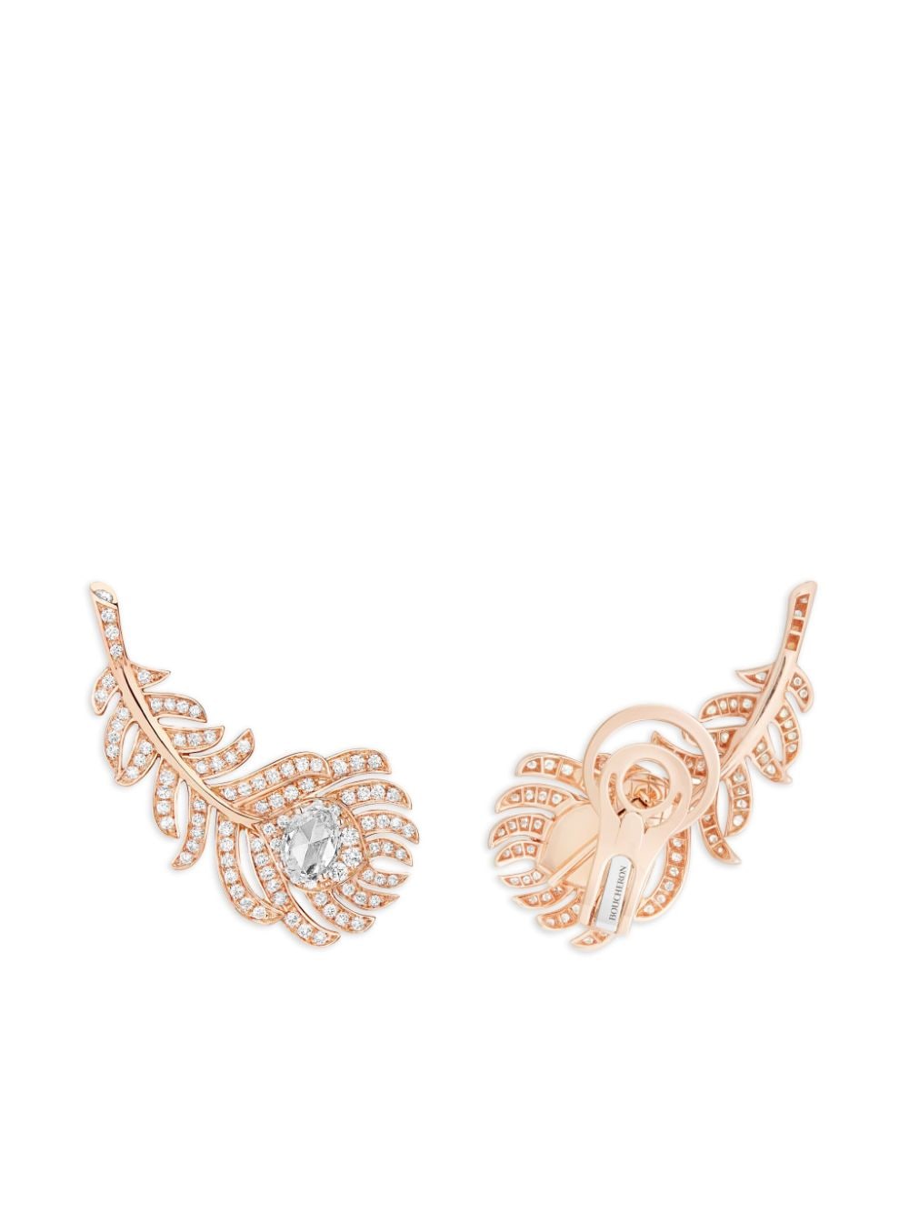 Shop Boucheron 18kt Rose Gold Plume De Paon Diamond Clip Earrings In Pink