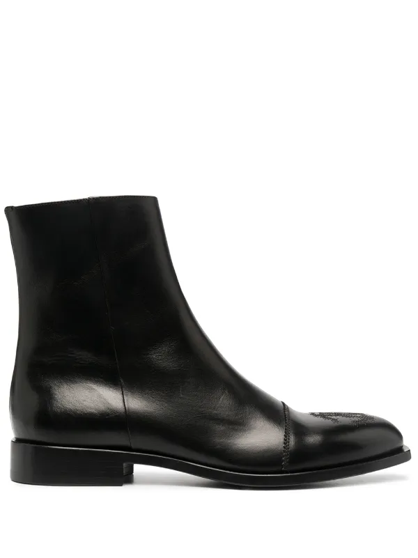 embroidered leather ankle boot with belt