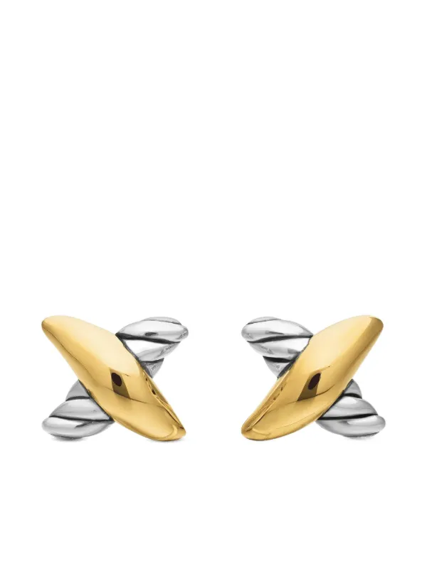David Yurman 18kt Yellow Gold and Sterling Silver Petite X Stud Earrings (7.5mm)