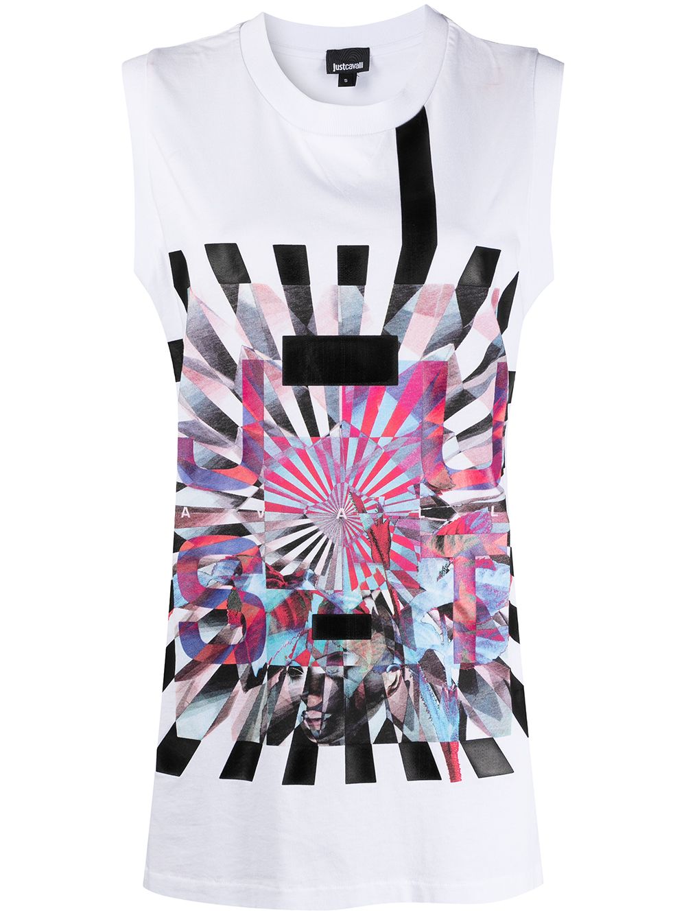 Just Cavalli Geometric Print Sleeveless Top In White