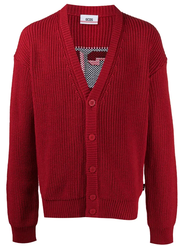 chunky red cardigan