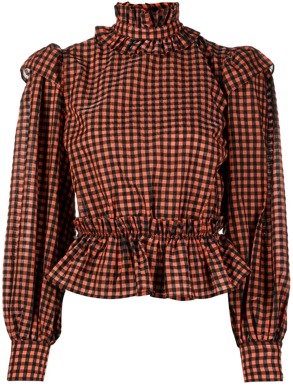 Ganni Seersucker Check High-neck Ruffle 