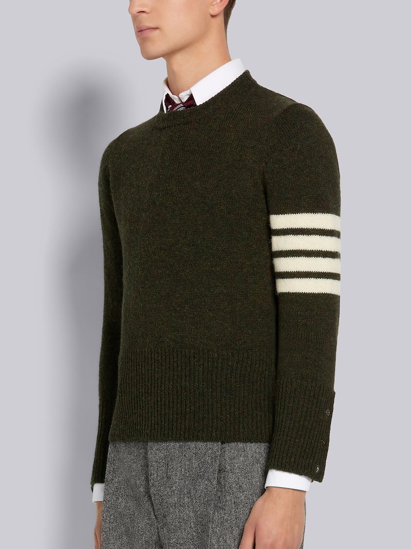 Dark Green Shetland Wool Jersey Stitch 4-Bar Stripe Classic Crew Neck ...