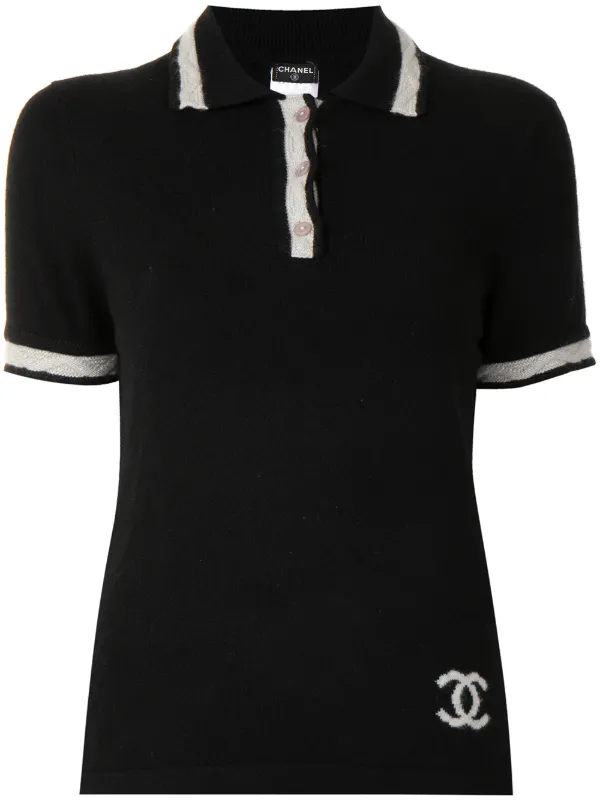 Chanel Unisex 21S Embroidered CC Logo Print Polo Shirt XL M Black White  Crystal For Sale at 1stDibs