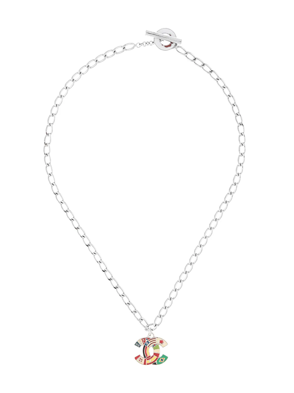 Pre-owned Chanel 2003 Flags Cc Pendant Necklace In Silver