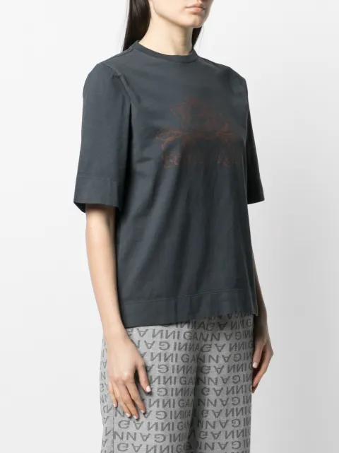 Shop GANNI rose-print T-shirt with 