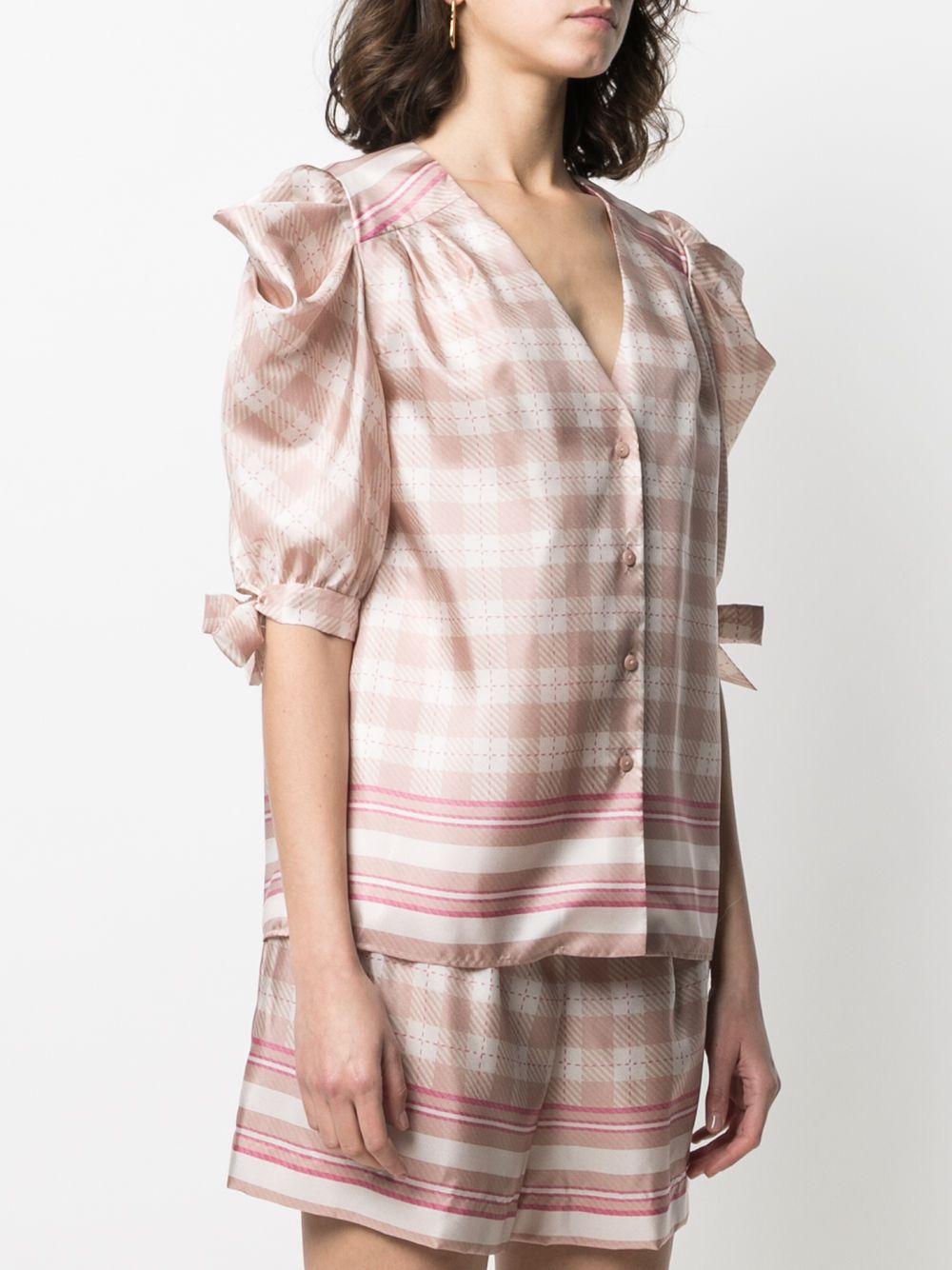 Shop Alberta Ferretti Check-print Puff-sleeve Satin Blouse In Pink