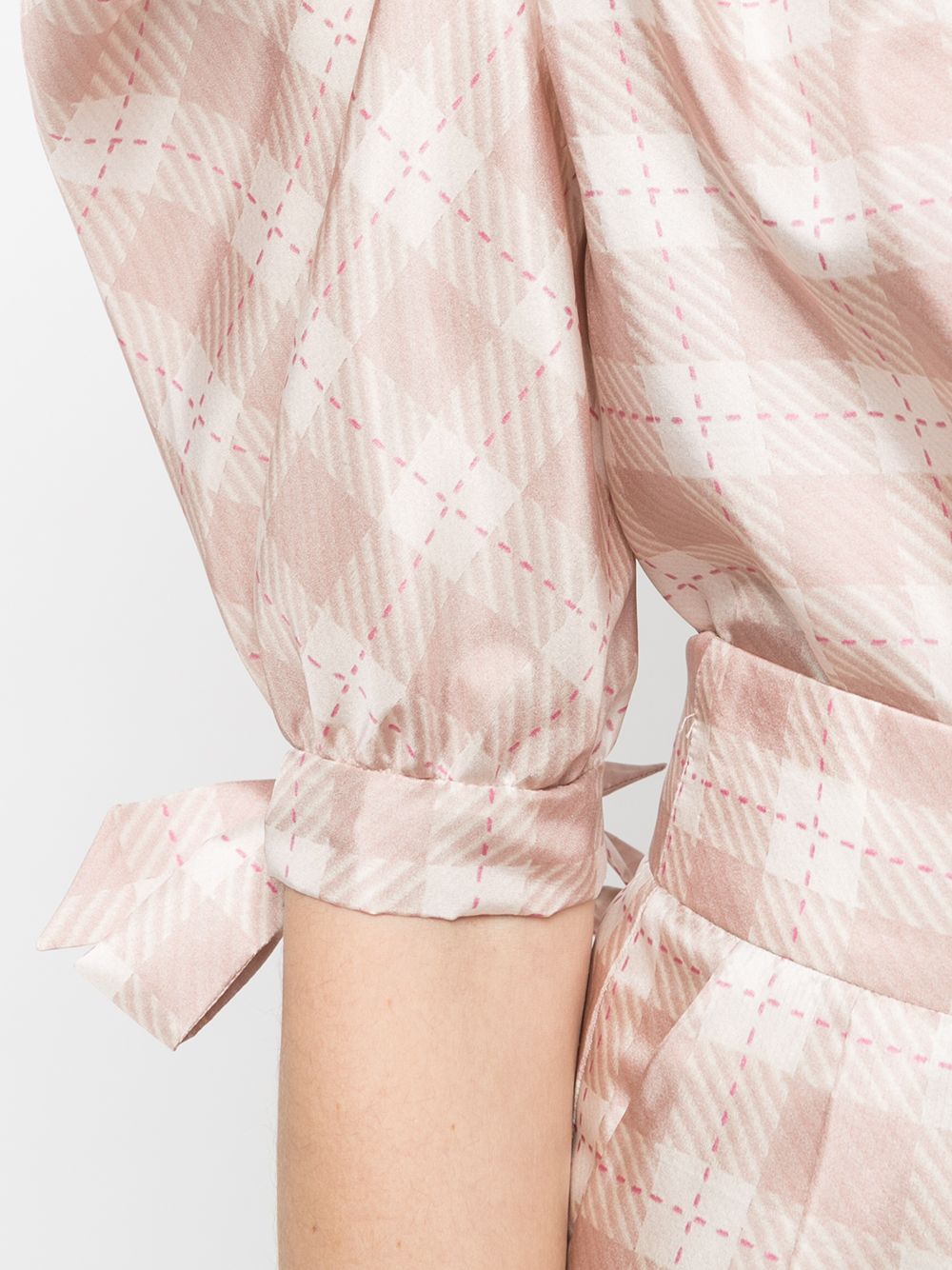 Shop Alberta Ferretti Check-print Puff-sleeve Satin Blouse In Pink