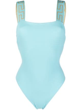 Blue Greca One-Piece Swimsuit by Versace Underwear on Sale