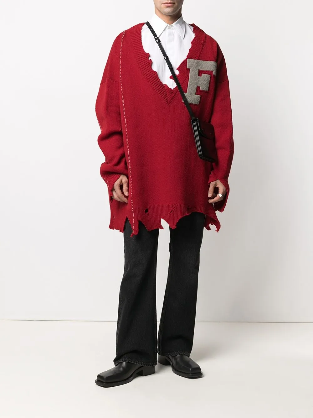 Shop Raf Simons oversized ripped V-neck 