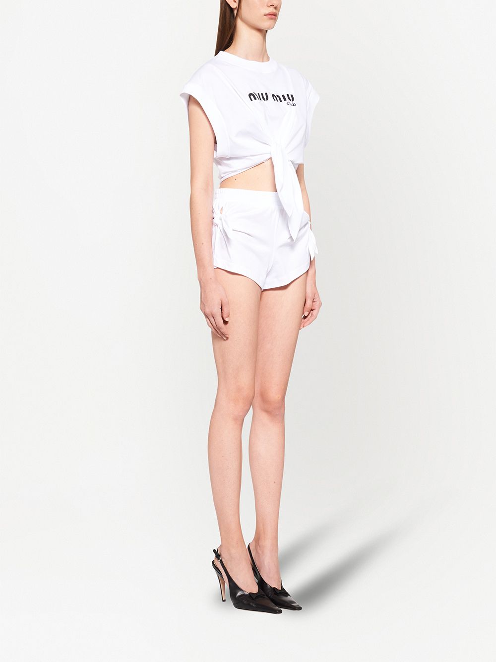 Shop Miu Miu Side-tie Logo Shorts In White