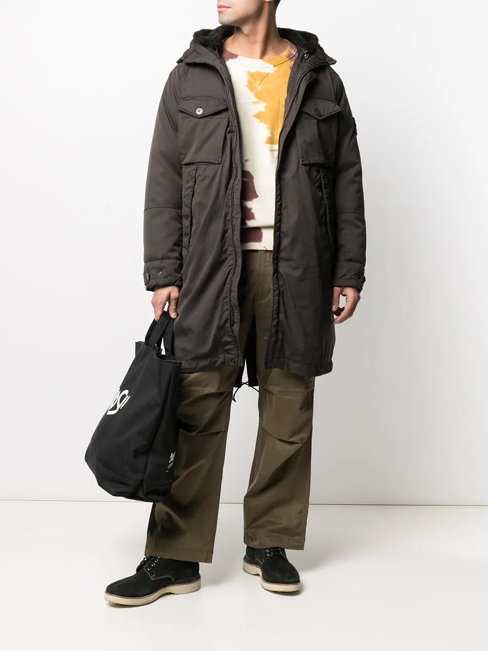 фото Stone island длинный пуховик с карманами карго